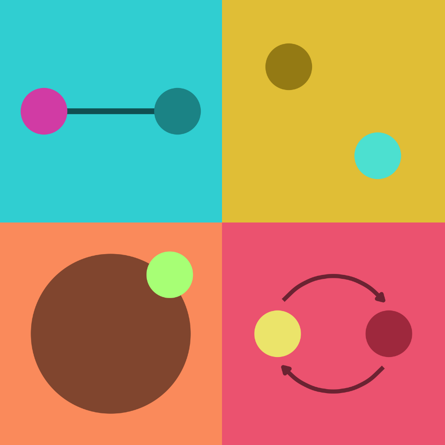Four data visualisation idents arranged in a 2×2 grid, each with a distinct colour palette and abstract chart motif