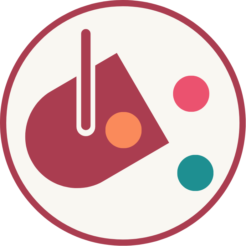Foundry's circular logo featuring a stylized maroon crucible or pouring ladle tilted to the right, with a straight vertical handle extending upward. Nestled inside the vessel is an orange circle, while a vibrant pink circle and a teal circle float outside to the right, mimicking a pouring or casting motion. The shapes are enclosed by a maroon border on an off-white background.