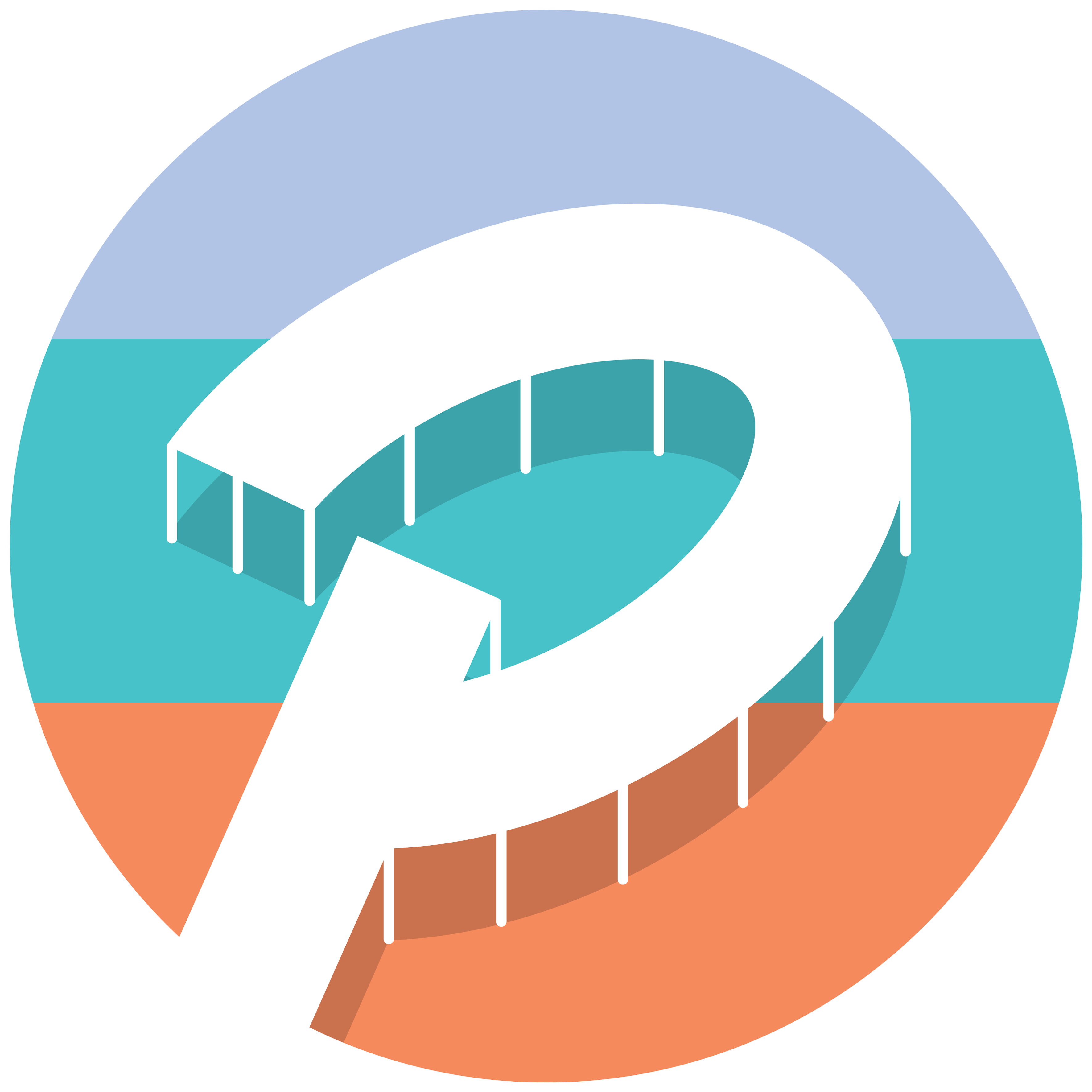 Pier's circular logo featuring a stylized white 3-dimensional pier that loops to form the capital letter 'P'. The structure stands on thin vertical pillars against a background of three horizontal color bands: a pale blue top band representing the sky, a turquoise middle band representing the sea, and a coral-orange bottom band representing the land.