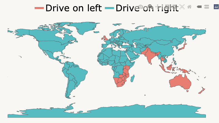 Choropleth showing which countries drive on the left (shaded red) and which drive on the right (shaded green).