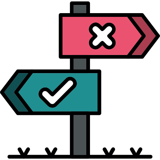 A stylized icon of a signpost with two opposing arrows: a top pink arrow pointing right with a white X mark, and a bottom teal arrow pointing left with a white checkmark, representing a choice or decision. Licensed image from Flaticon.