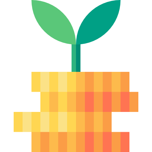 A flat-design graphic featuring a pixelated stack of gold and orange coins. A single green stem with two leaves sprouts upwards from the top coin, representing investment. Licensed image from Flaticon.